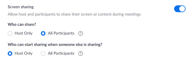 Security settings - screen sharing