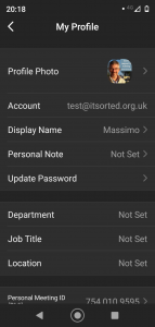 Zoom Android phone - menu 3 profile top